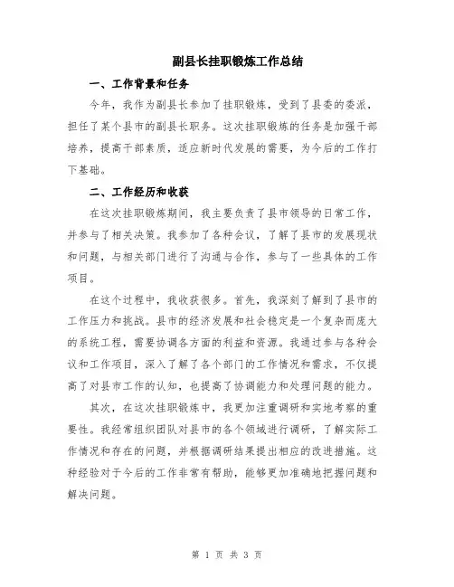 副县长挂职锻炼工作总结