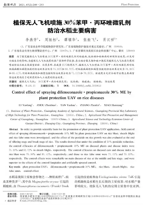 植保无人飞机喷施30%苯甲·丙环唑微乳剂防治水稻主要病害