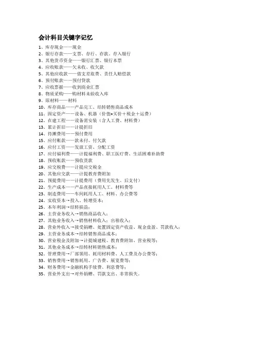 会计科目关键字记忆