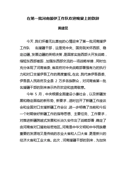 在第一批河南援伊工作队欢迎晚宴上的致辞