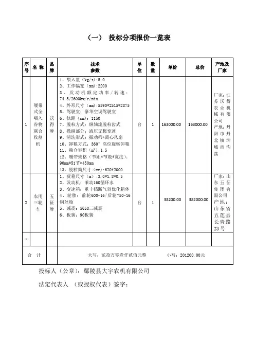 (一)投标分项报价一览表