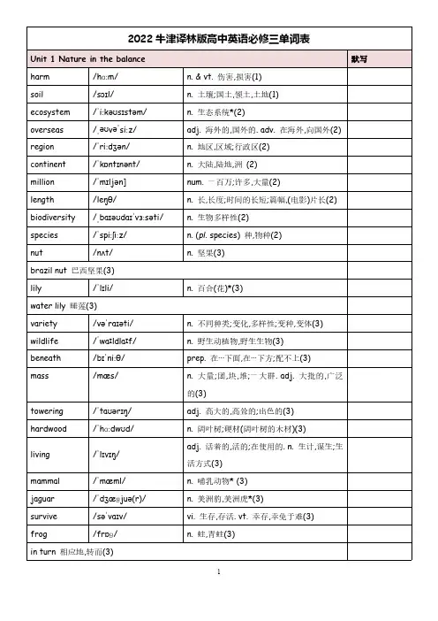 2022译林版新教材高一英语必修三单词表及默写表
