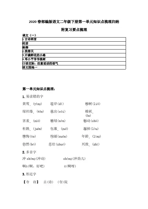 2020人教部编语文二年级下册第一单元知识点梳理归纳 附复习要点梳理(课文一)