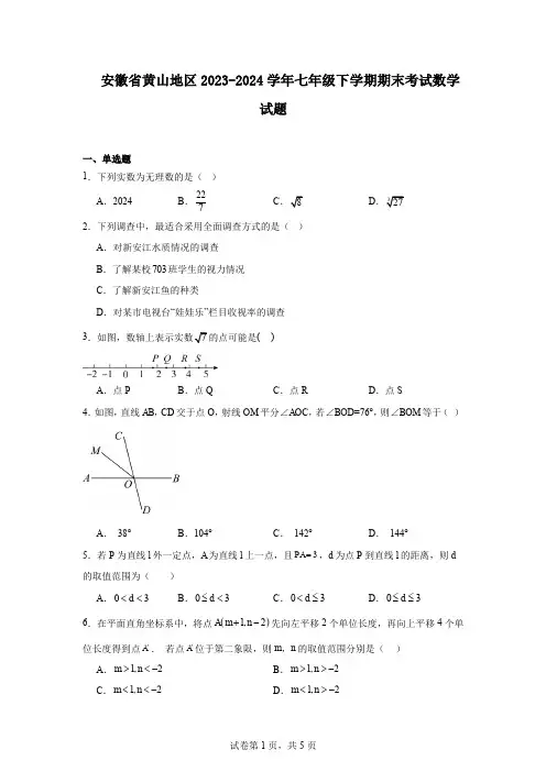 安徽省黄山地区2023-2024学年七年级下学期期末考试数学试题