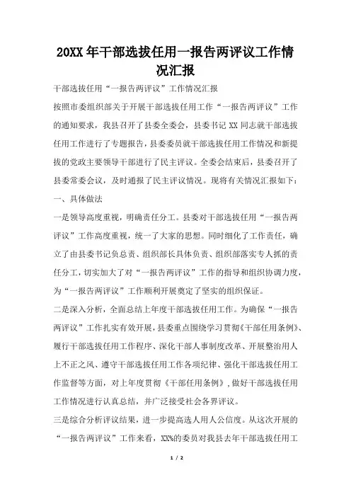 2019年干部选拔任用一报告两评议工作情况汇报