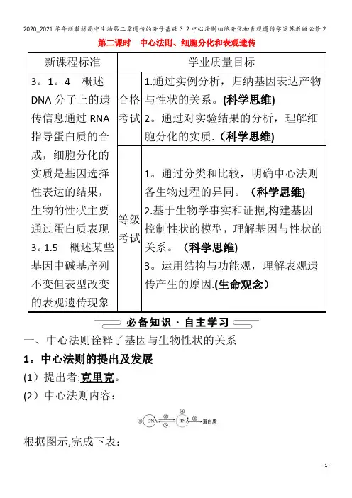 高中生物第二章遗传的分子基础3.中心法则细胞分化和表观遗传学案苏教版