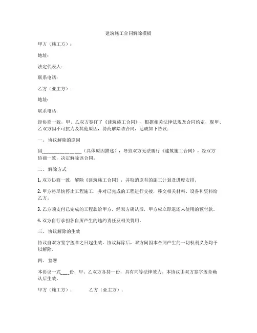 建筑施工合同解除模板