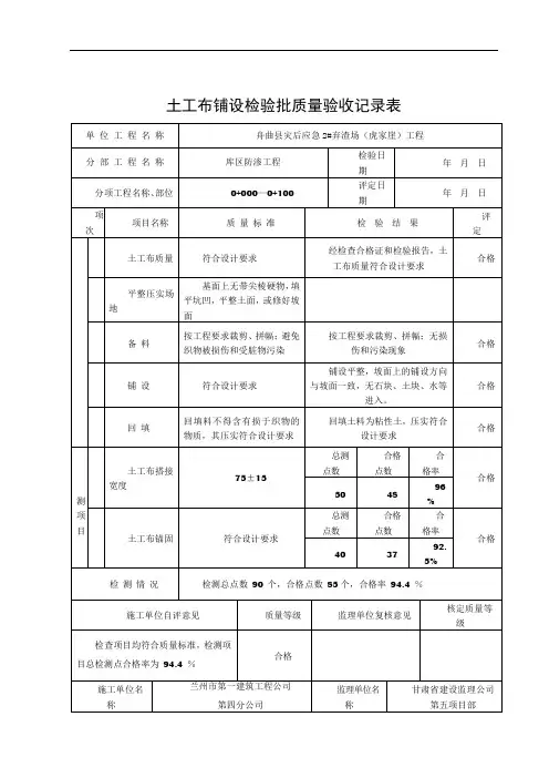 土工布铺设分项工程质量评定表