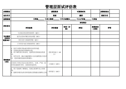 中高层管理面试评估表 2019年