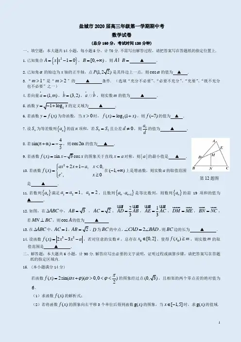 盐城市2020届高三数学第一学期期中考试试卷附答案解析
