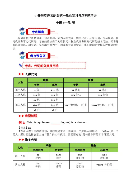 考点4代词—专题精讲名词小升初英语第一轮总复习(讲义)人教PEP版英语六年级下册