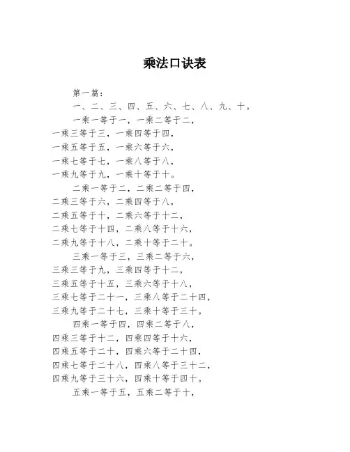 乘法口诀表