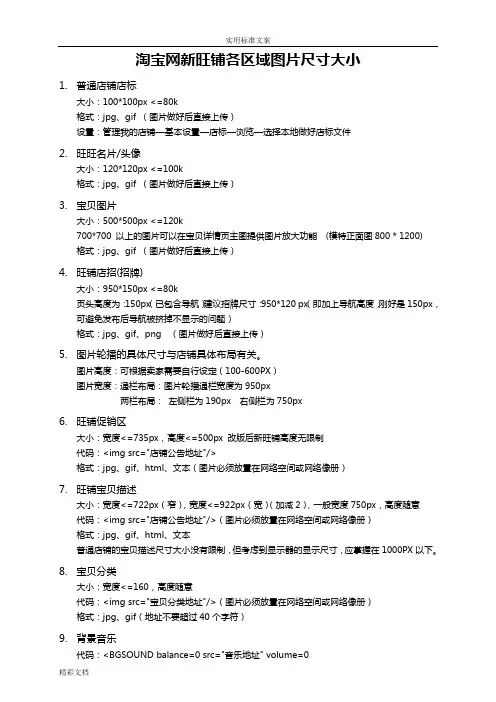 淘宝网新旺铺各区域图片尺寸大小