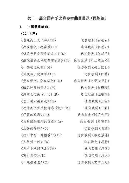 第十一届全国声乐比赛参考曲目目录(民族组)