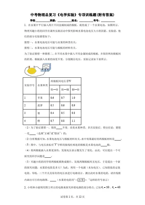 中考物理总复习《电学实验》专项训练题(附有答案)