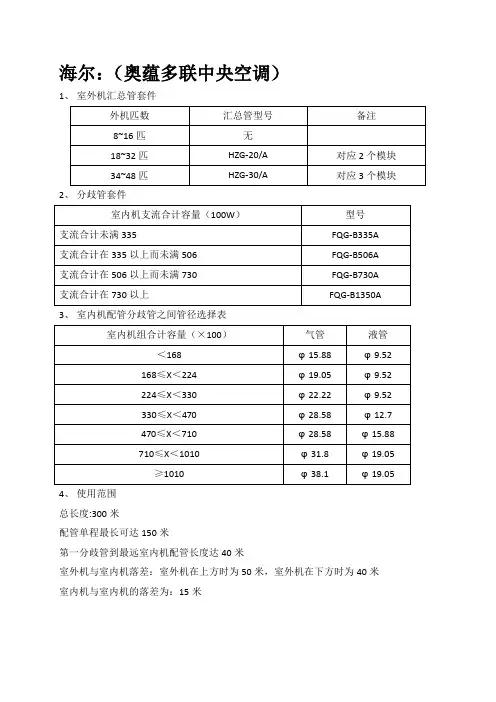 各厂家多联机分歧管及管径选择标准