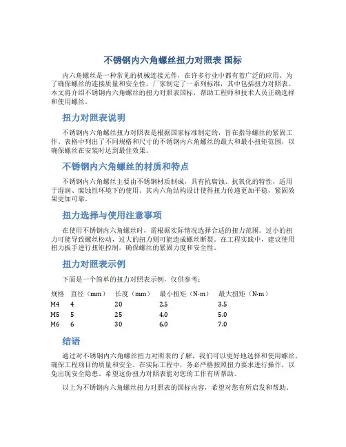 不锈钢内六角螺丝扭力对照表 国标