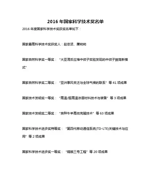 2016年国家科学技术奖名单