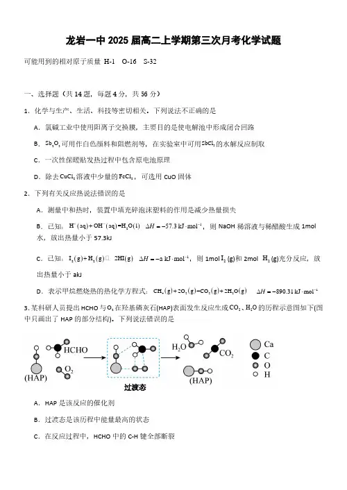 龙岩一中2023-2024学年高二上学期第三次月考化学试题+答案