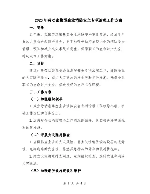 2023年劳动密集型企业消防安全专项治理工作方案