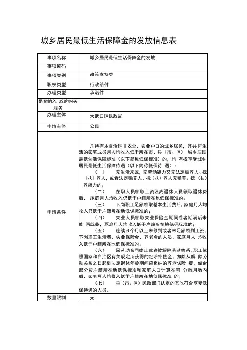 城乡居民最低生活保障金的发放信息表