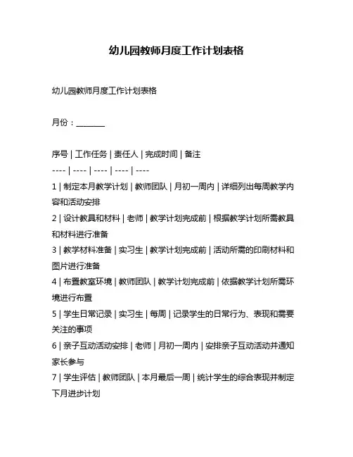 幼儿园教师月度工作计划表格