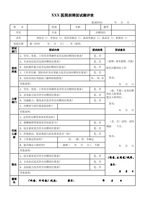 医院招聘面试测评表