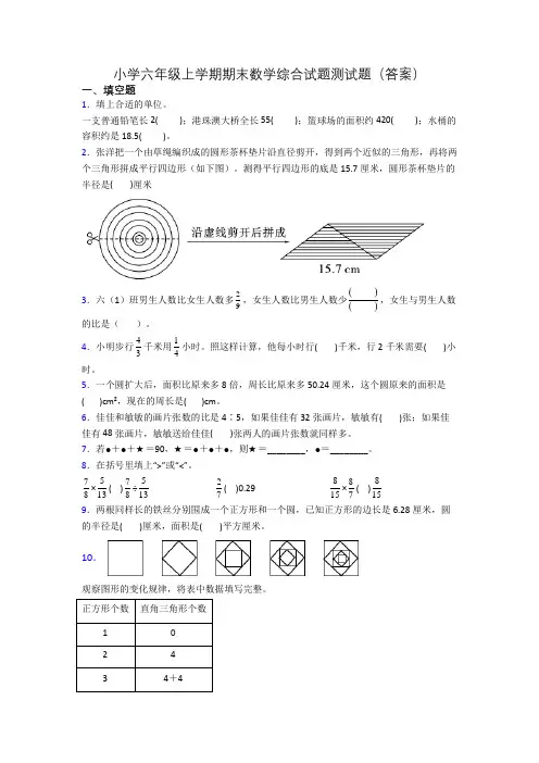 小学六年级上学期期末数学综合试题测试题(答案)