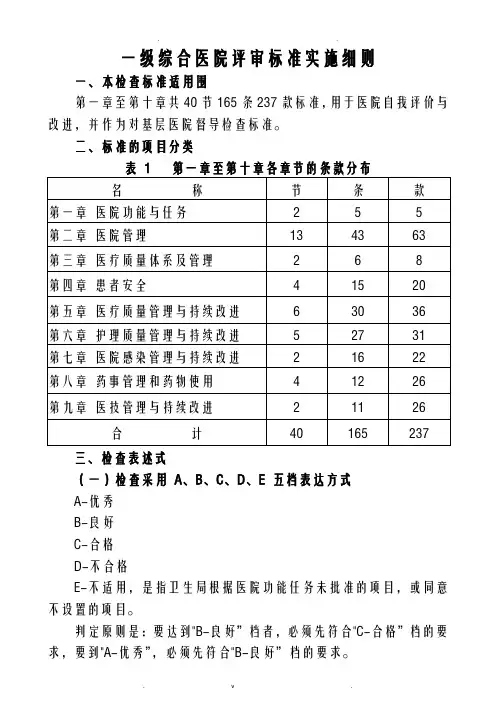 一级综合医院评审标准实施细则