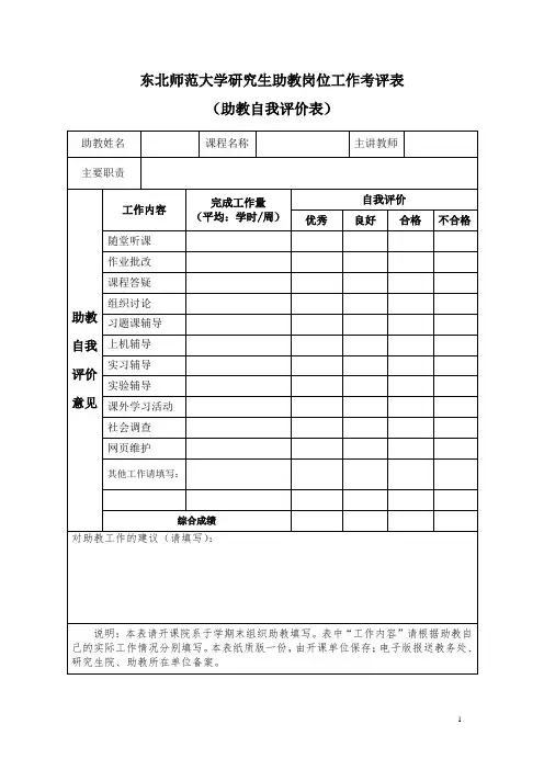 东北师范大学研究生助教岗位工作考评表