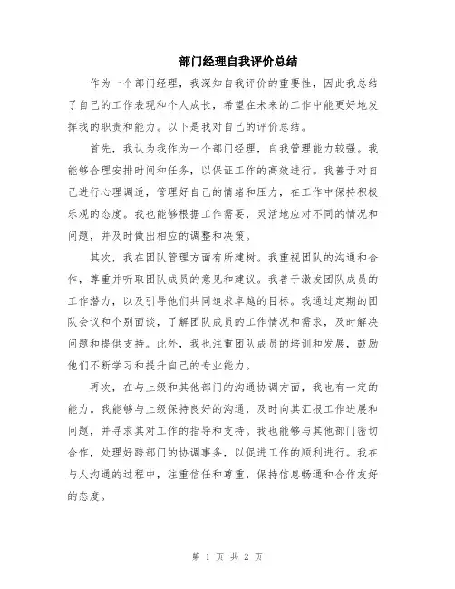 部门经理自我评价总结