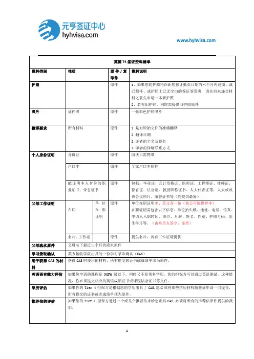 最新英国T4签证资料清单