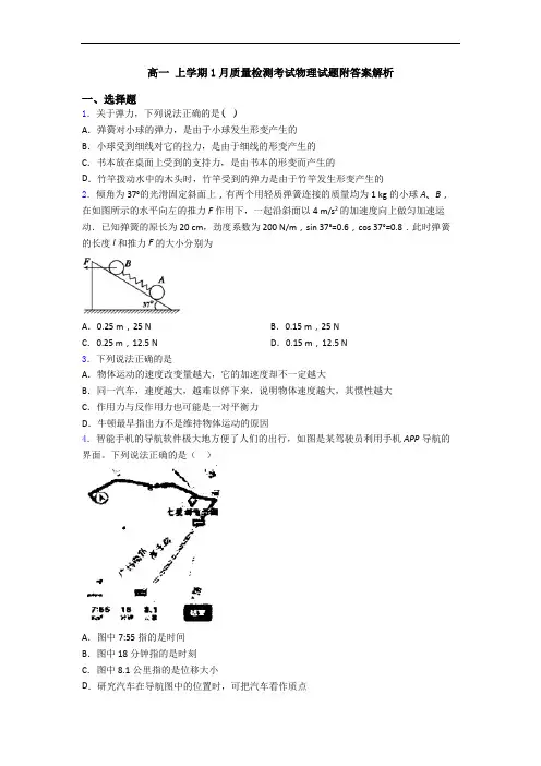 高一 上学期1月质量检测考试物理试题附答案解析