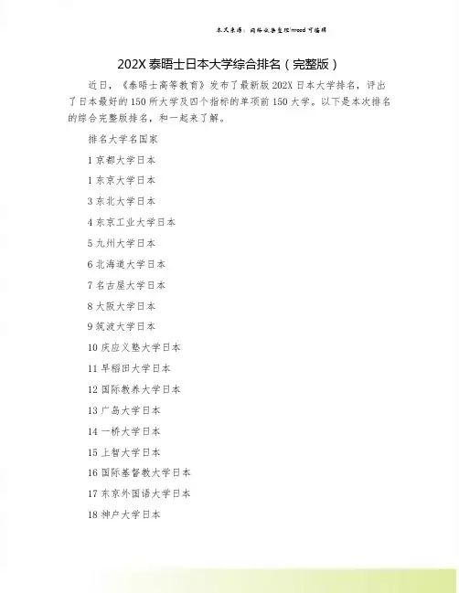 202X泰晤士日本大学综合排名(完整版).doc