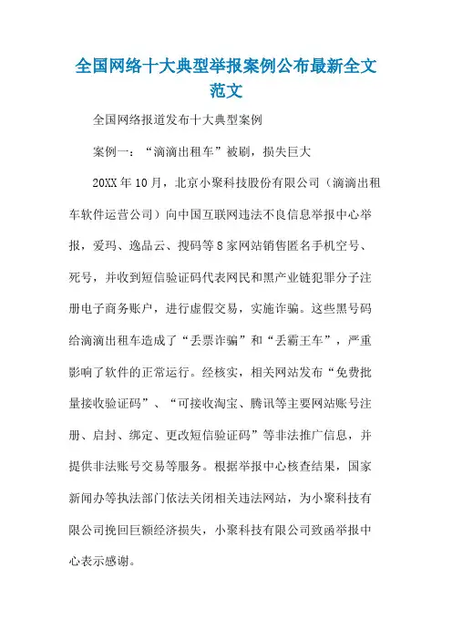 全国网络十大典型举报案例公布最新全文范文