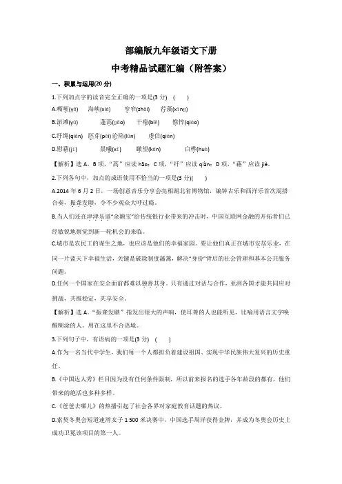 部编版九年级语文下册中考精品试题汇编(附答案)