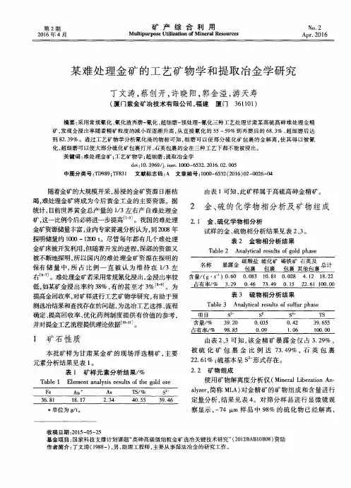 某难处理金矿的工艺矿物学和提取冶金学研究