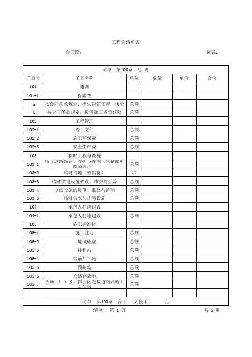 公路工程-工程量清单计量表