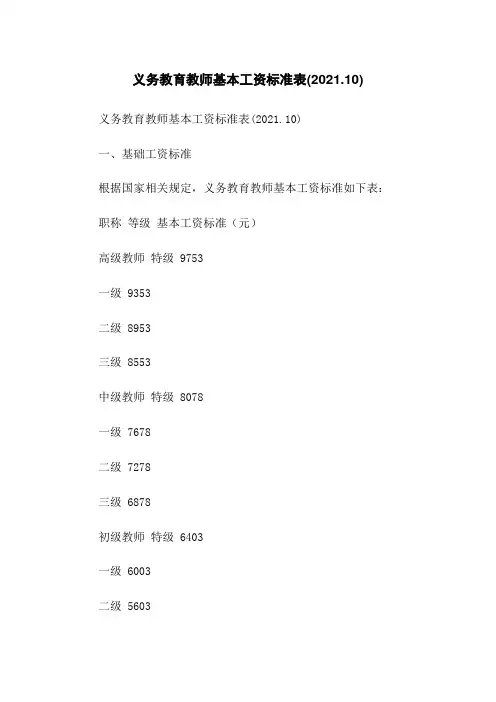 义务教育教师基本工资标准表(2021.10)