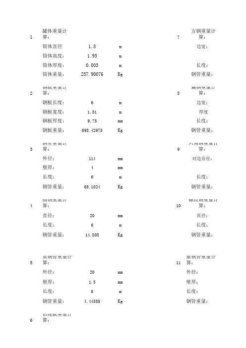 筒体、各种钢重量计算