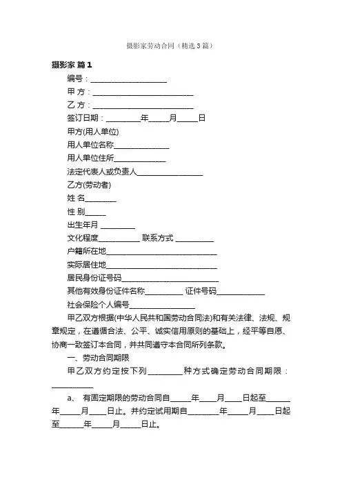 摄影家劳动合同（精选3篇）