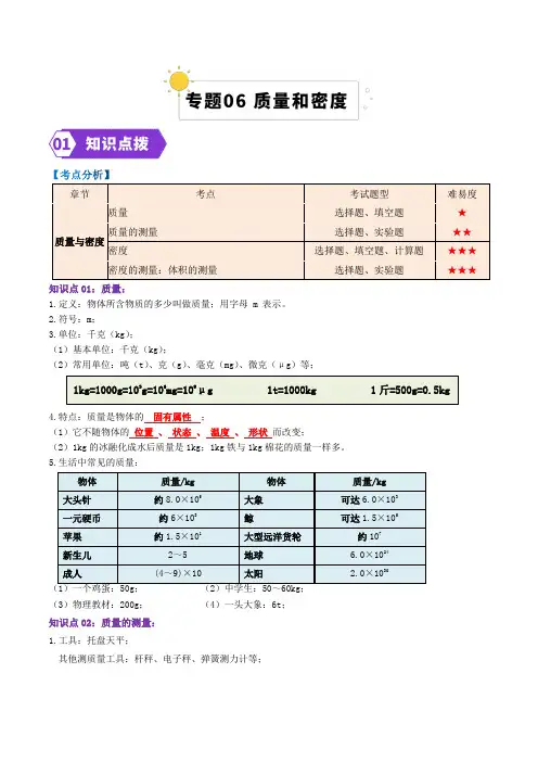 专题06质量与密度(学生版)