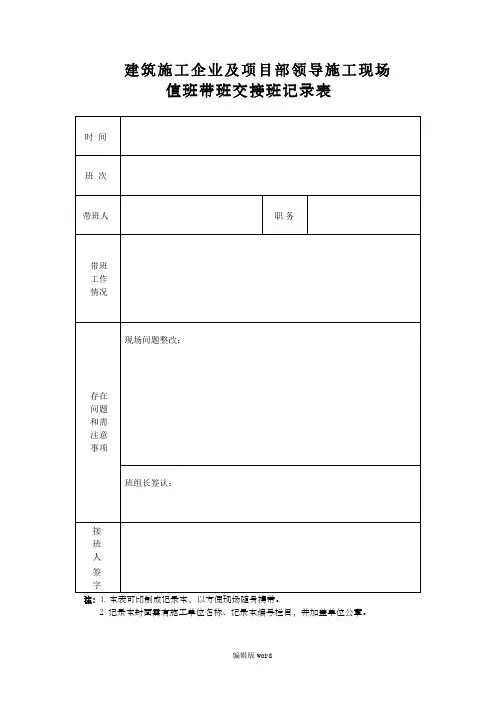 建筑施工企业及项目部领导施工现场值班带班交接班记录表