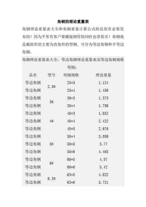 角钢的理论重量表