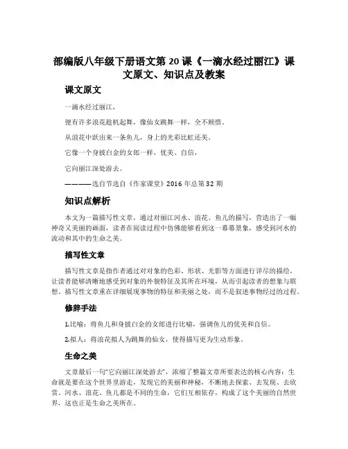 部编版八年级下册语文第20课《一滴水经过丽江》课文原文、知识点及教案