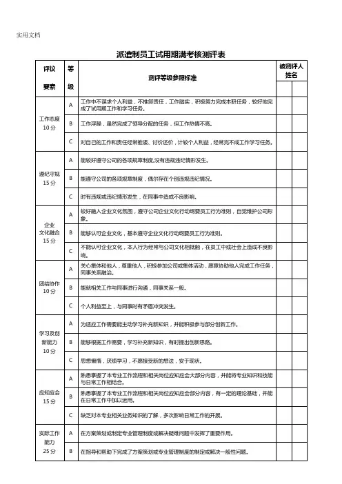 移动派遣制员工试用期满考核测评表