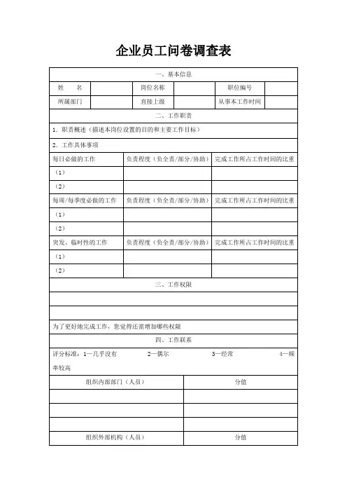 企业员工问卷调查表详细模板