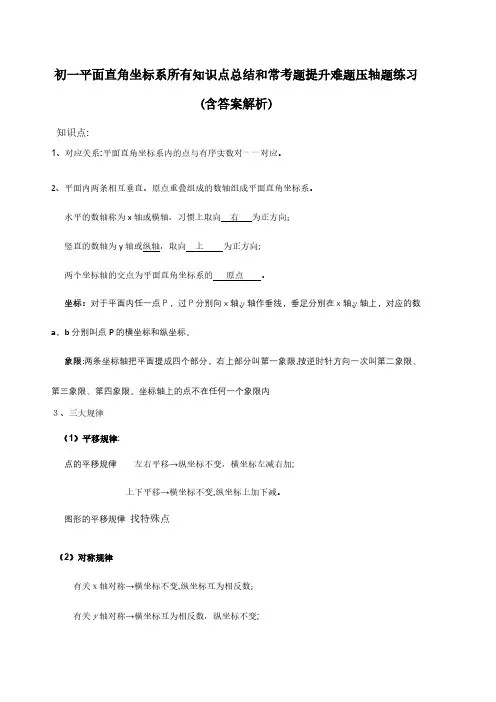 2024年初一平面直角坐标系所有知识点总结和常考题提高难题压轴题练习含答案解析