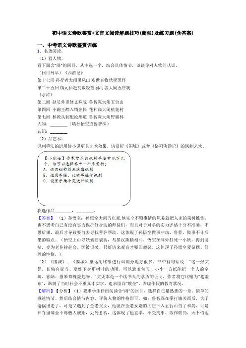 初中语文诗歌鉴赏+文言文阅读解题技巧(超强)及练习题(含答案)