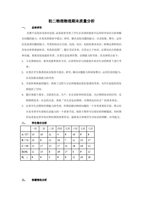 初二物理物理下学期期中质量分析